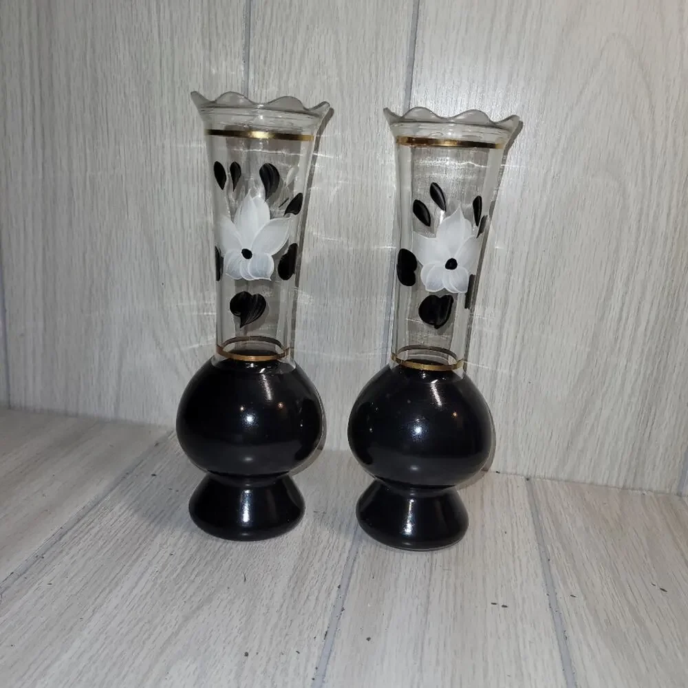 Vtg 1933 Elegant Black and White Hand Painted Floral Glass Vases Gold Trim - Picture 2 of 5